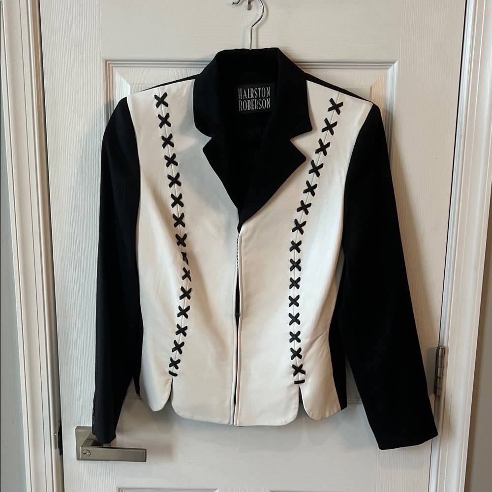 Vintage 80s Hairston Roberson Black and White Women's leather/wool Blazer size 6